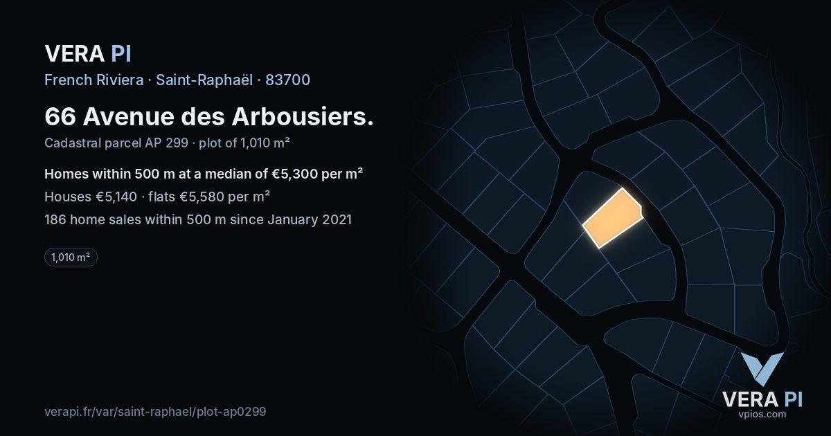 66 Avenue des Arbousiers, Saint-Raphaël at night – the plot lit, the parcels around coloured by the prices near them