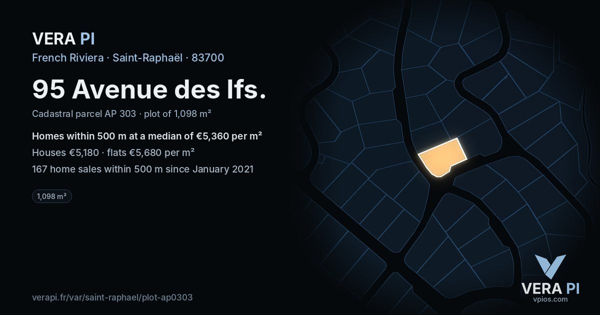 95 Avenue des Ifs, Saint-Raphaël at night – the plot lit, the parcels around coloured by the prices near them
