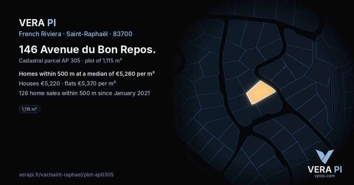146 Avenue du Bon Repos, Saint-Raphaël at night – the plot lit, the parcels around coloured by the prices near them