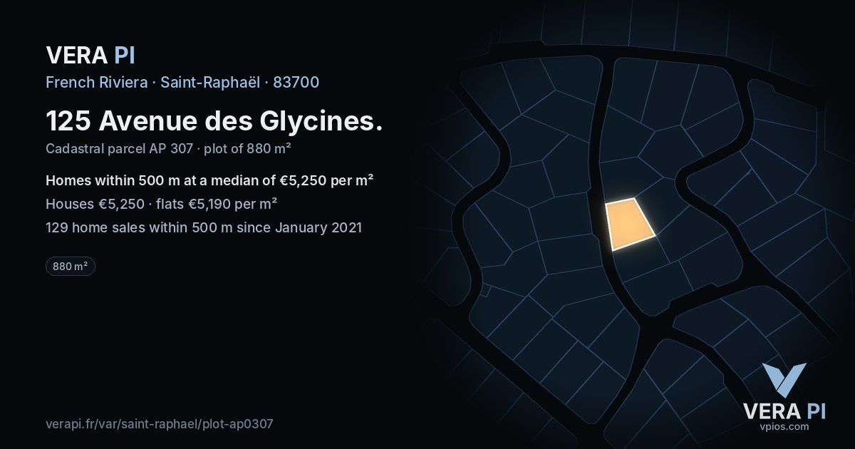 125 Avenue des Glycines, Saint-Raphaël at night – the plot lit, the parcels around coloured by the prices near them