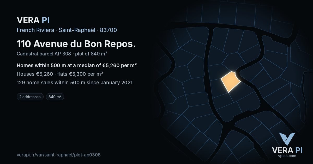 110 Avenue du Bon Repos, Saint-Raphaël at night – the plot lit, the parcels around coloured by the prices near them