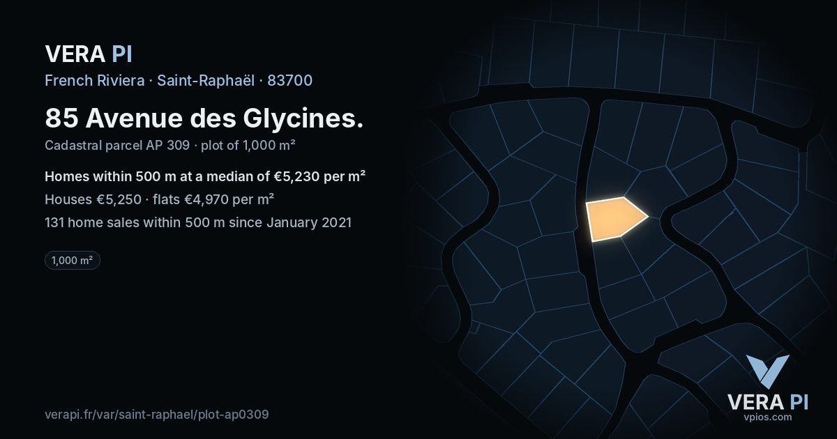 85 Avenue des Glycines, Saint-Raphaël at night – the plot lit, the parcels around coloured by the prices near them