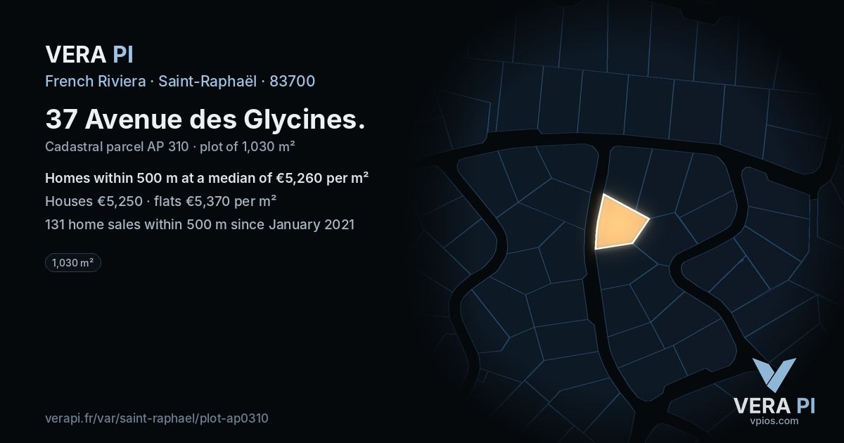 37 Avenue des Glycines, Saint-Raphaël at night – the plot lit, the parcels around coloured by the prices near them
