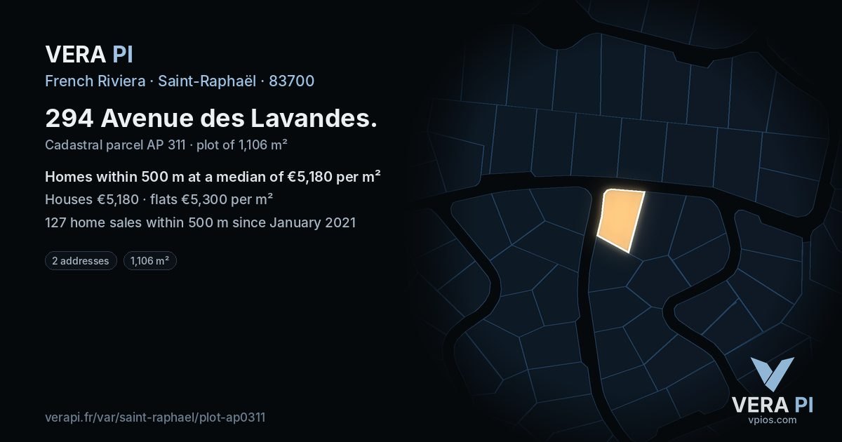 294 Avenue des Lavandes, Saint-Raphaël at night – the plot lit, the parcels around coloured by the prices near them