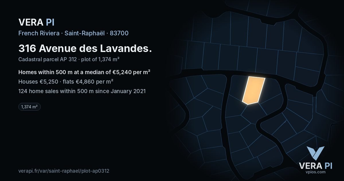 316 Avenue des Lavandes, Saint-Raphaël at night – the plot lit, the parcels around coloured by the prices near them