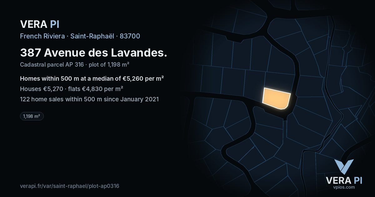 387 Avenue des Lavandes, Saint-Raphaël at night – the plot lit, the parcels around coloured by the prices near them