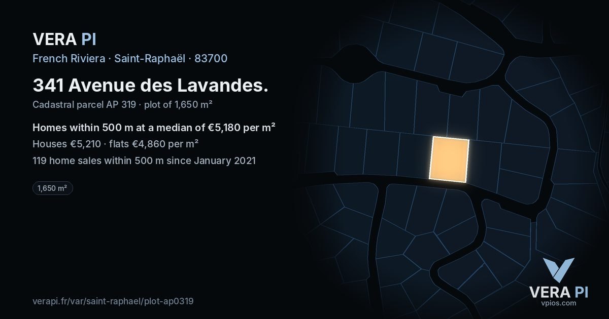 341 Avenue des Lavandes, Saint-Raphaël at night – the plot lit, the parcels around coloured by the prices near them