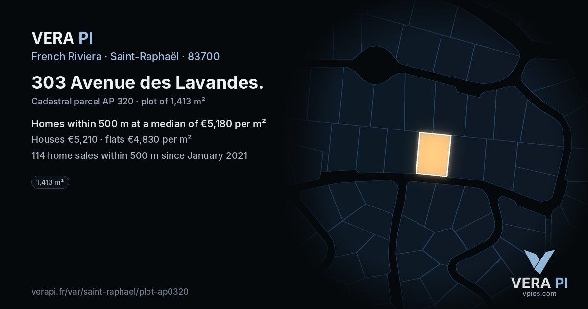 303 Avenue des Lavandes, Saint-Raphaël at night – the plot lit, the parcels around coloured by the prices near them