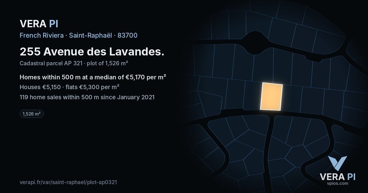 255 Avenue des Lavandes, Saint-Raphaël at night – the plot lit, the parcels around coloured by the prices near them