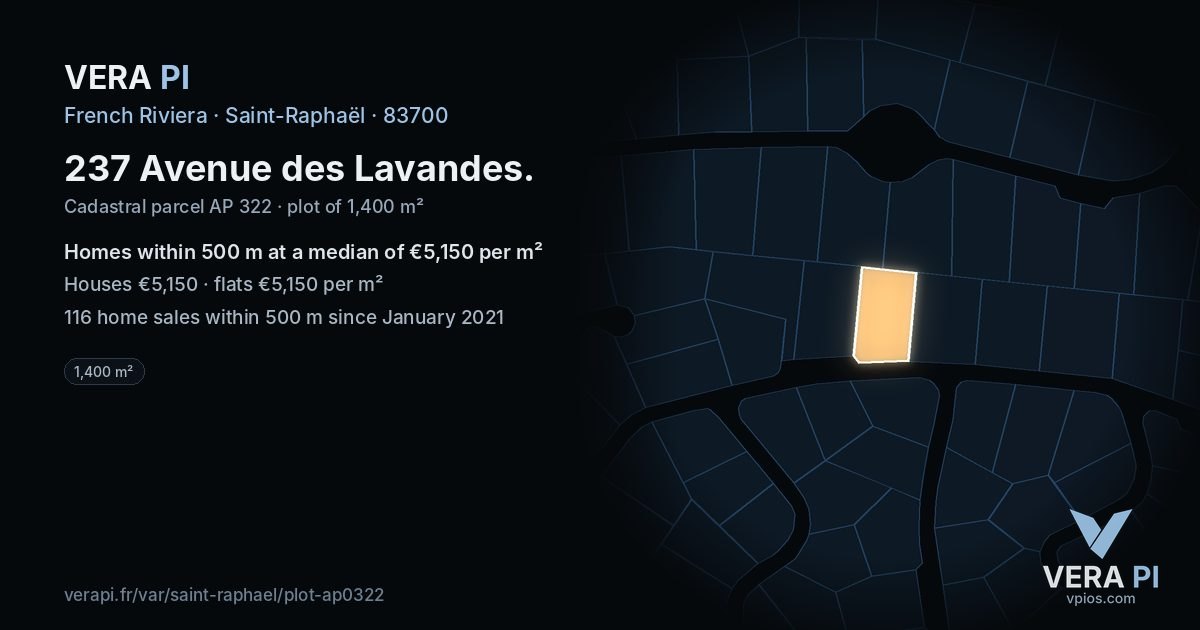 237 Avenue des Lavandes, Saint-Raphaël at night – the plot lit, the parcels around coloured by the prices near them