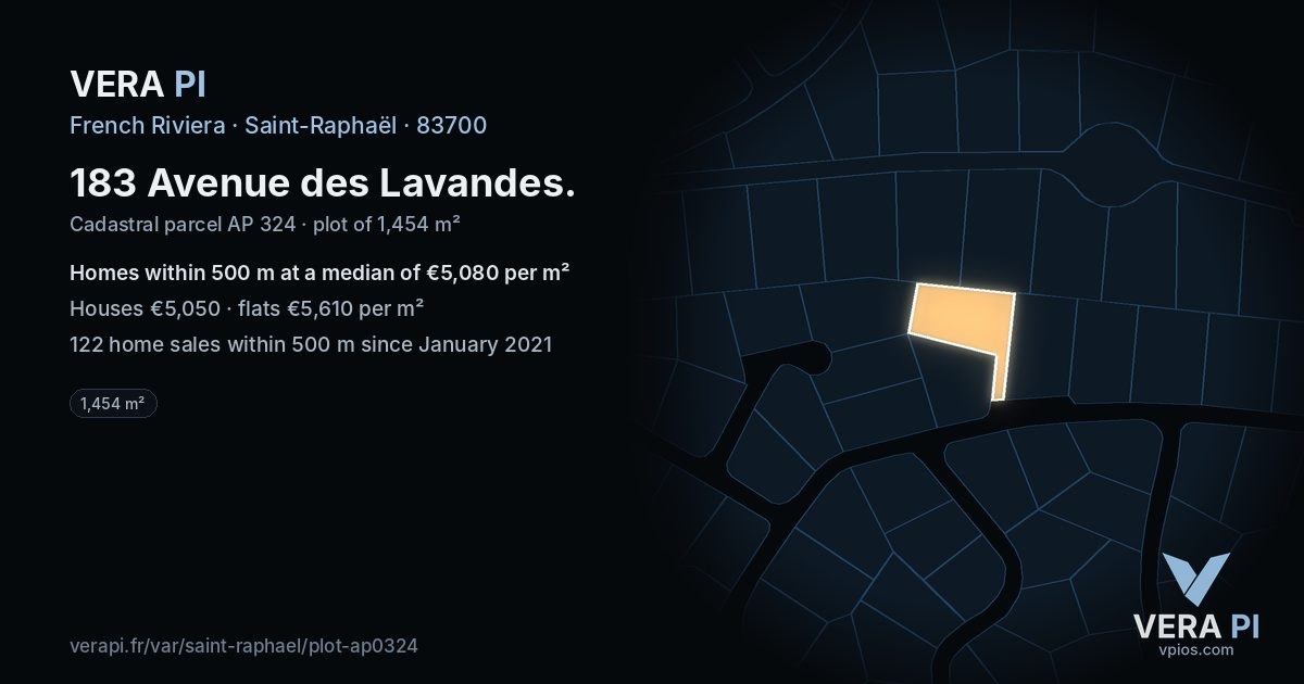 183 Avenue des Lavandes, Saint-Raphaël at night – the plot lit, the parcels around coloured by the prices near them
