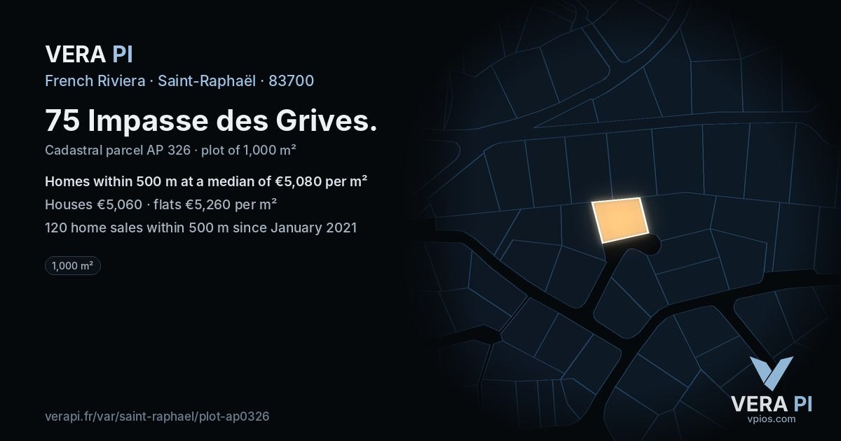 75 Impasse des Grives, Saint-Raphaël at night – the plot lit, the parcels around coloured by the prices near them