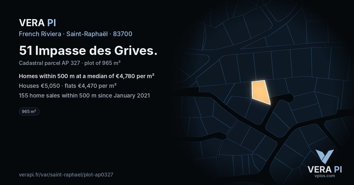 51 Impasse des Grives, Saint-Raphaël at night – the plot lit, the parcels around coloured by the prices near them