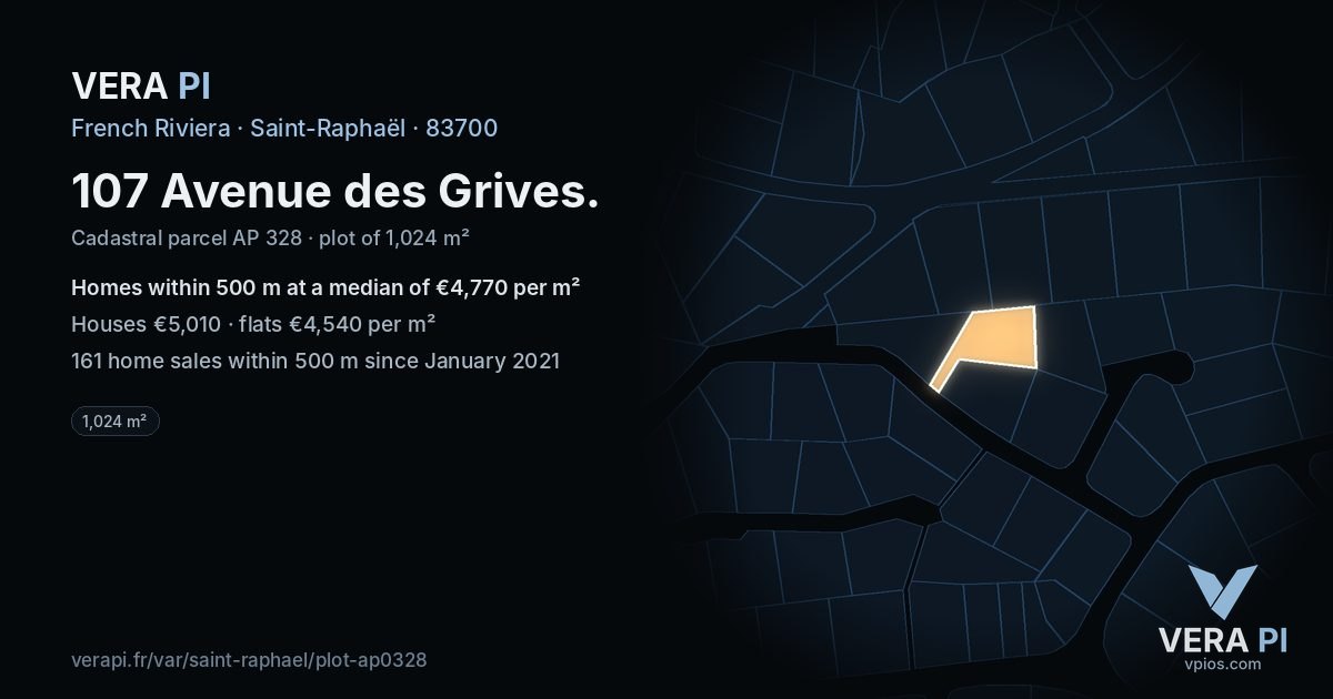 107 Avenue des Grives, Saint-Raphaël at night – the plot lit, the parcels around coloured by the prices near them