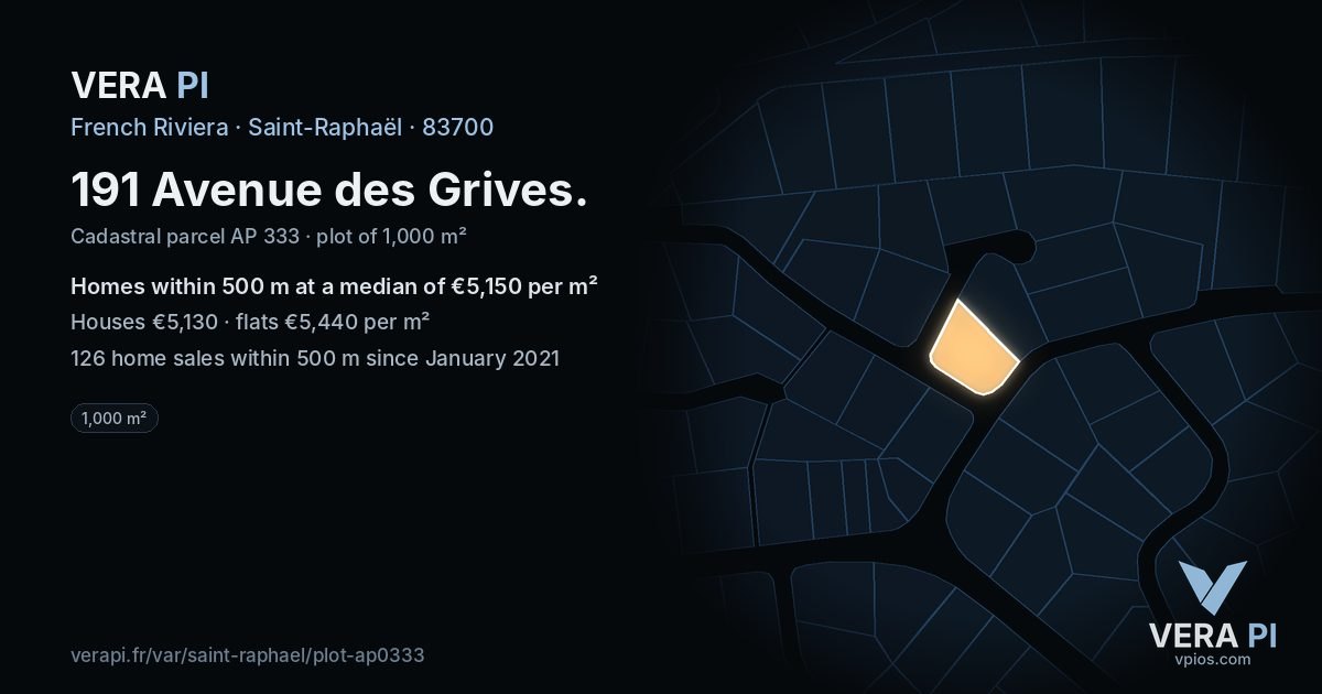 191 Avenue des Grives, Saint-Raphaël at night – the plot lit, the parcels around coloured by the prices near them