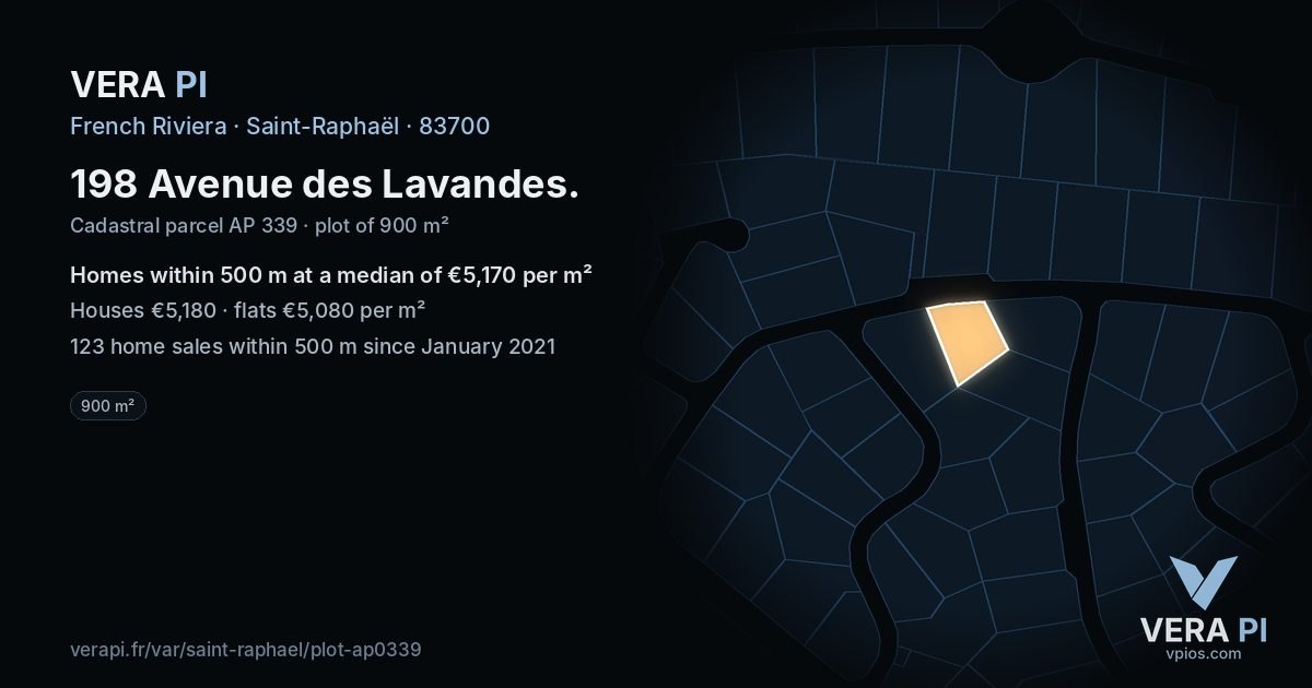 198 Avenue des Lavandes, Saint-Raphaël at night – the plot lit, the parcels around coloured by the prices near them