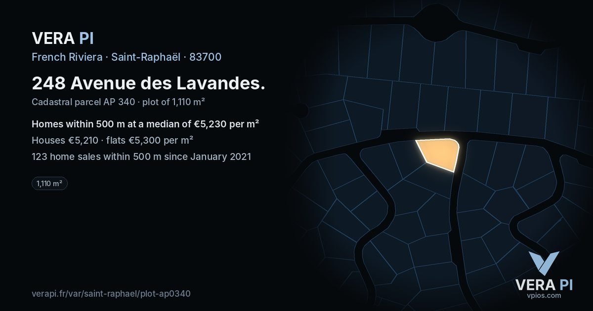 248 Avenue des Lavandes, Saint-Raphaël at night – the plot lit, the parcels around coloured by the prices near them