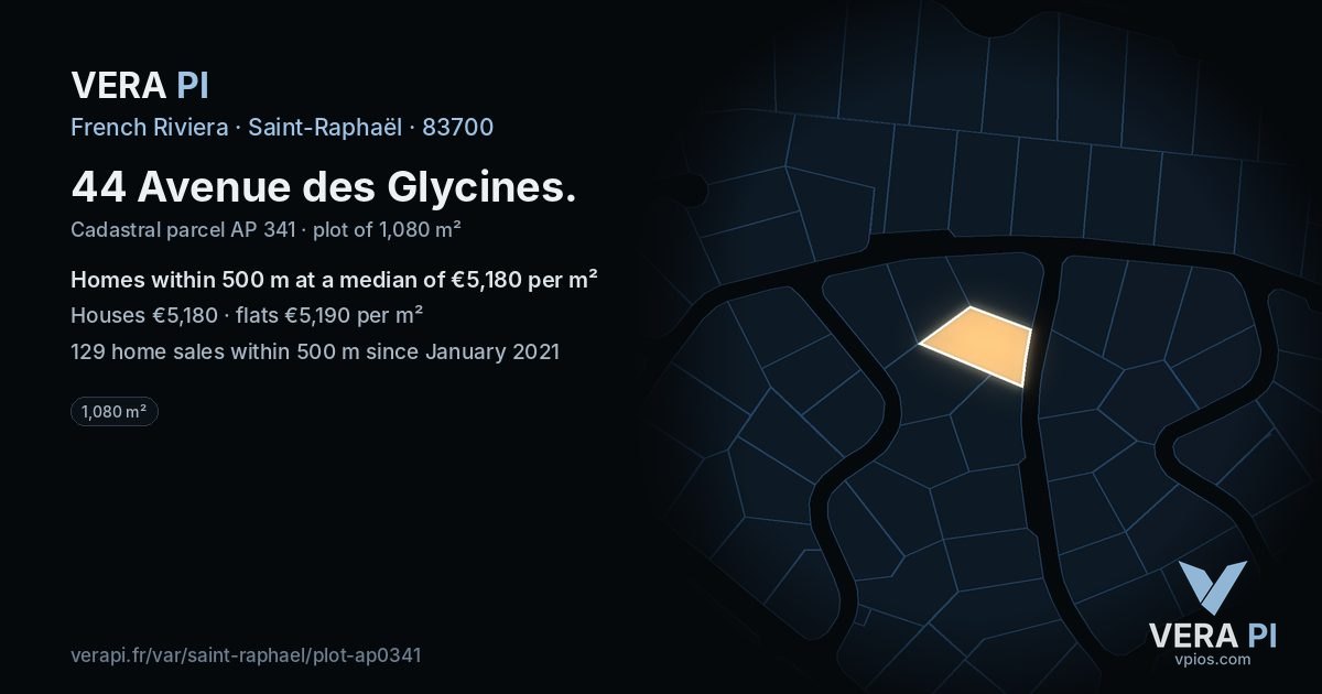 44 Avenue des Glycines, Saint-Raphaël at night – the plot lit, the parcels around coloured by the prices near them
