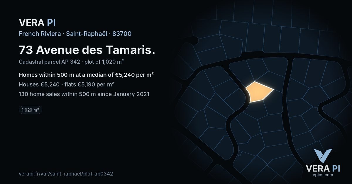 73 Avenue des Tamaris, Saint-Raphaël at night – the plot lit, the parcels around coloured by the prices near them
