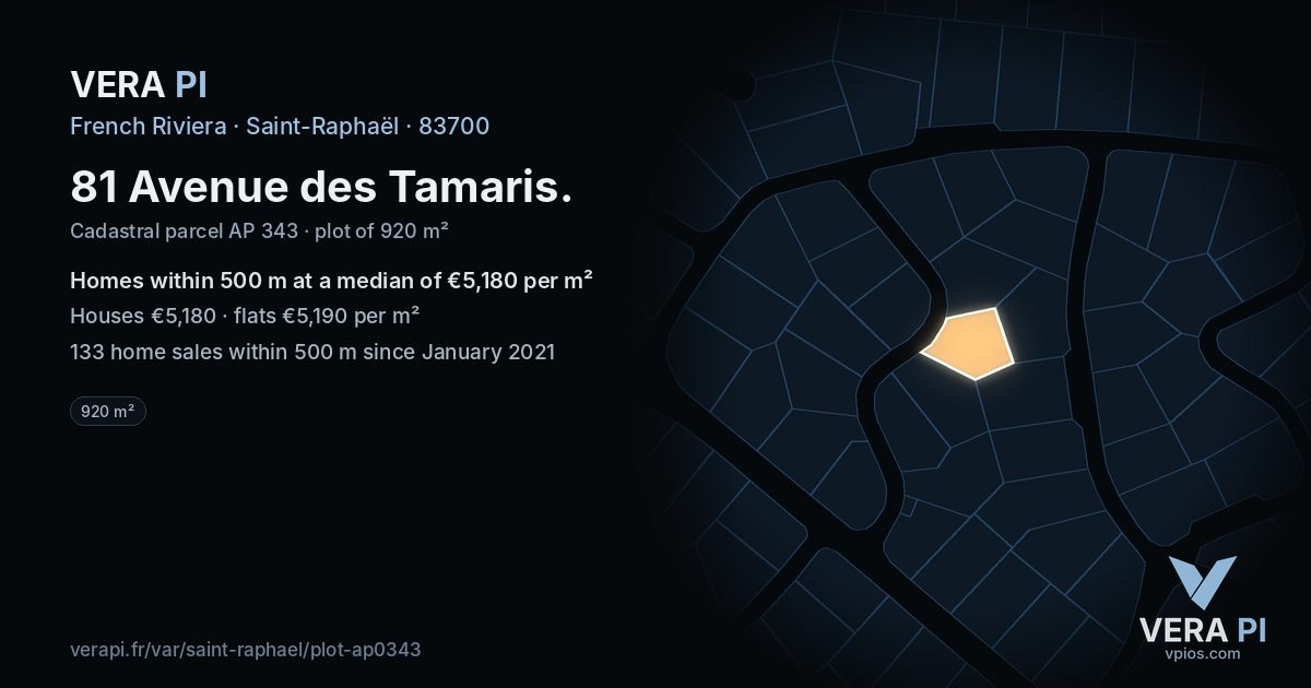 81 Avenue des Tamaris, Saint-Raphaël at night – the plot lit, the parcels around coloured by the prices near them