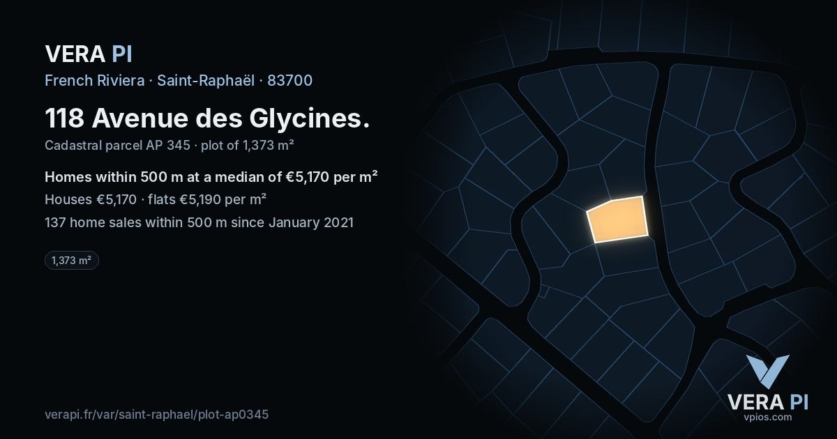 118 Avenue des Glycines, Saint-Raphaël at night – the plot lit, the parcels around coloured by the prices near them