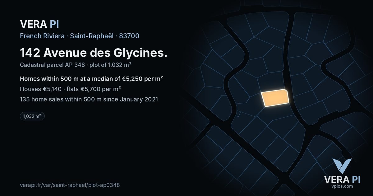 142 Avenue des Glycines, Saint-Raphaël at night – the plot lit, the parcels around coloured by the prices near them