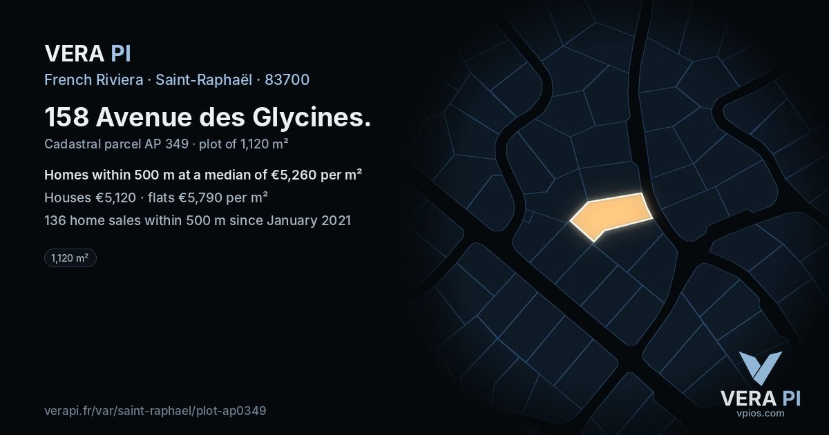 158 Avenue des Glycines, Saint-Raphaël at night – the plot lit, the parcels around coloured by the prices near them