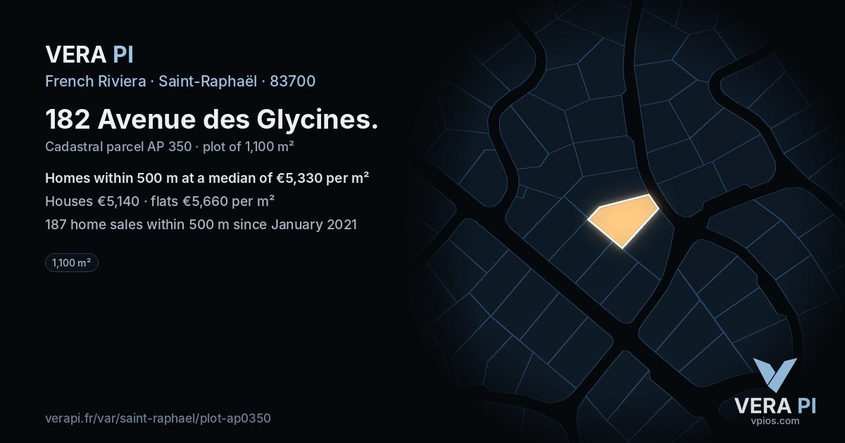 182 Avenue des Glycines, Saint-Raphaël at night – the plot lit, the parcels around coloured by the prices near them