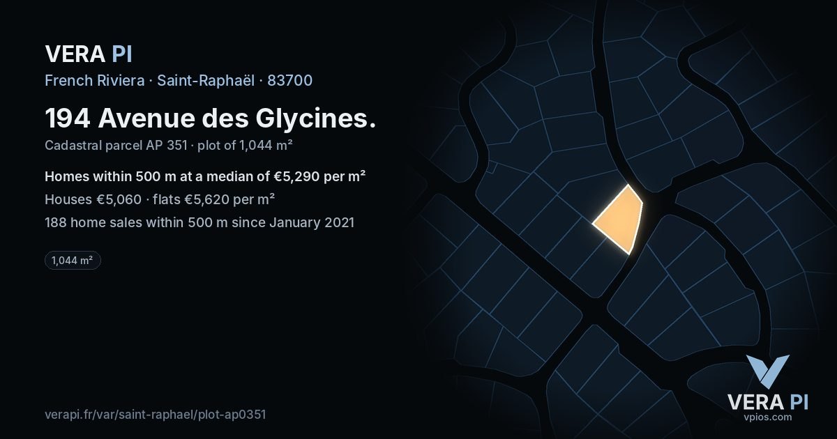 194 Avenue des Glycines, Saint-Raphaël at night – the plot lit, the parcels around coloured by the prices near them