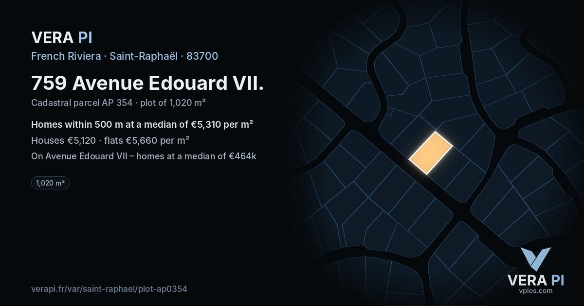 759 Avenue Edouard VII, Saint-Raphaël at night – the plot lit, the parcels around coloured by the prices near them