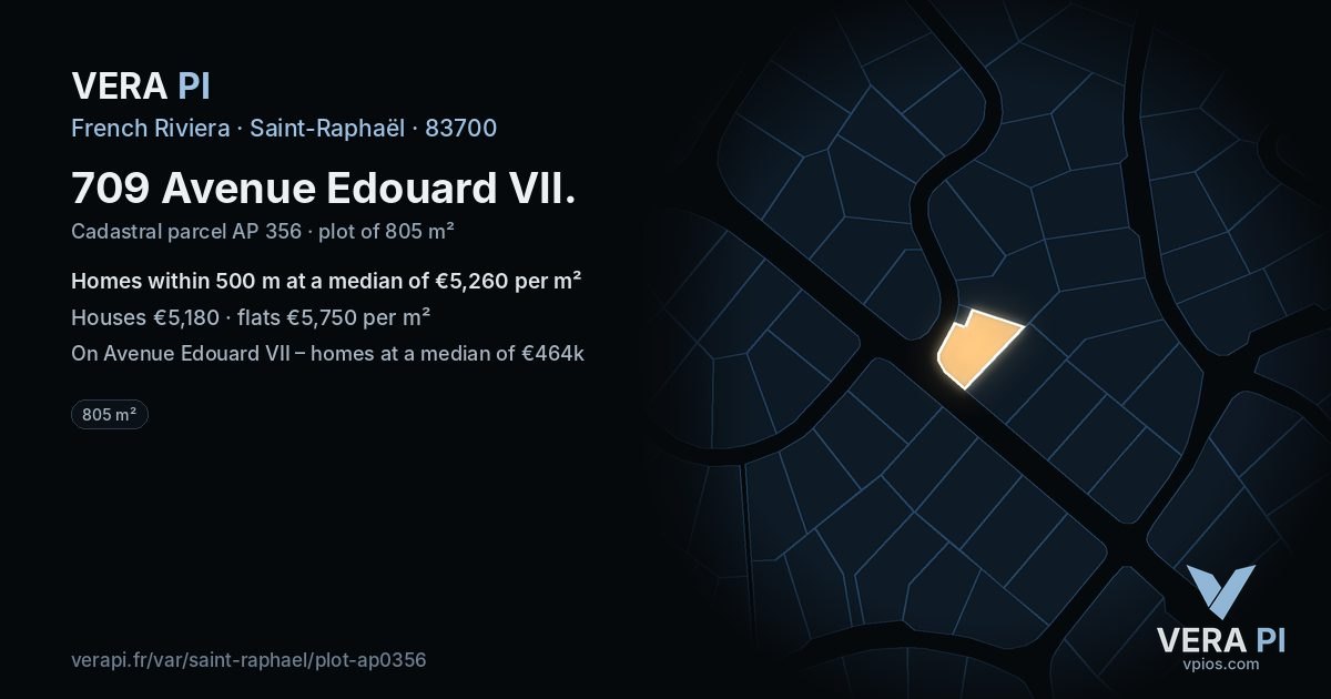 709 Avenue Edouard VII, Saint-Raphaël at night – the plot lit, the parcels around coloured by the prices near them