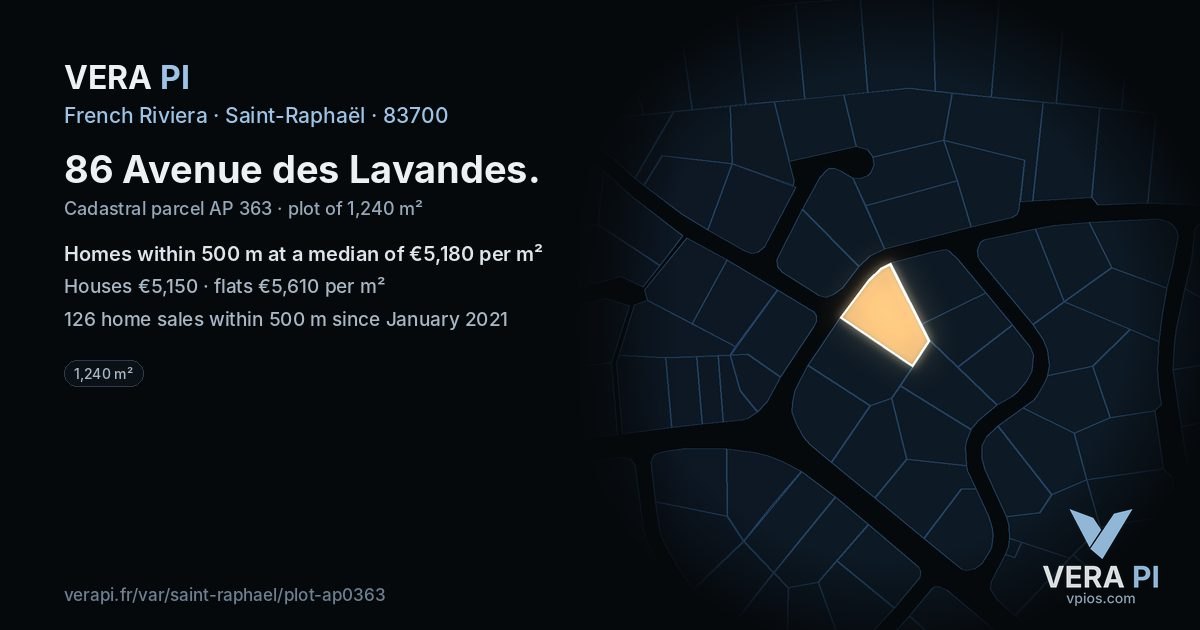 86 Avenue des Lavandes, Saint-Raphaël at night – the plot lit, the parcels around coloured by the prices near them