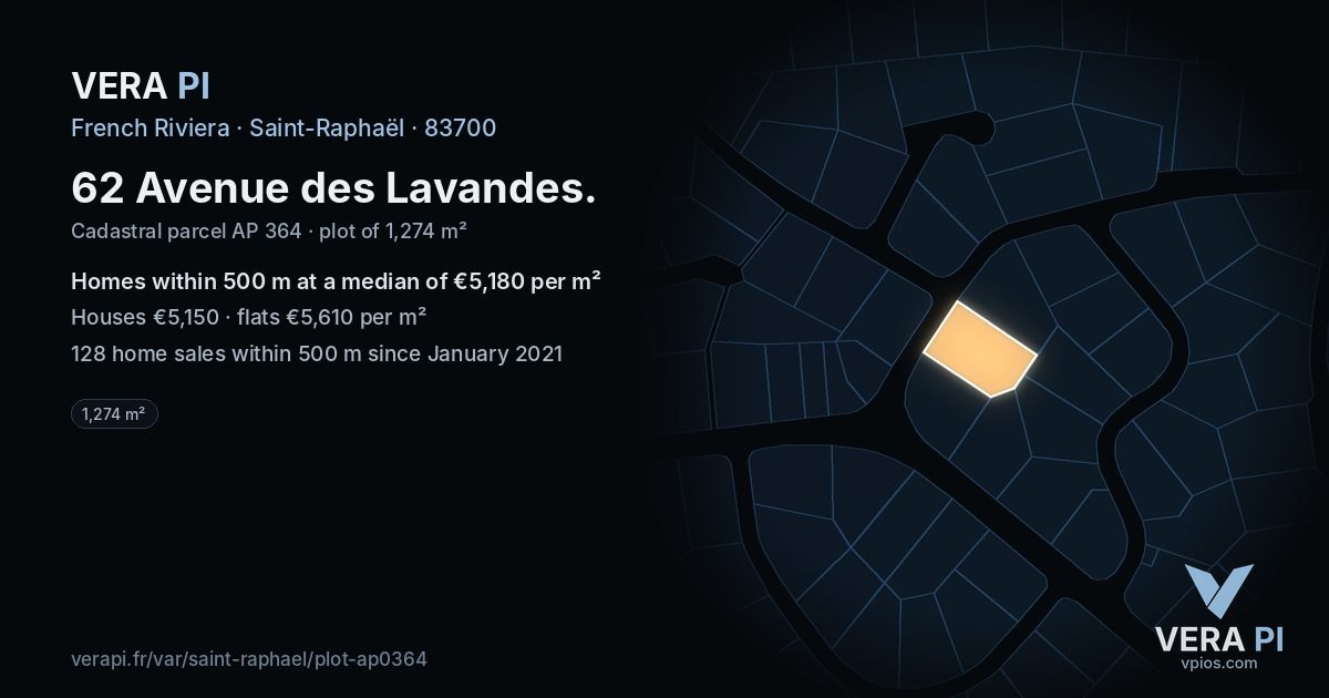 62 Avenue des Lavandes, Saint-Raphaël at night – the plot lit, the parcels around coloured by the prices near them