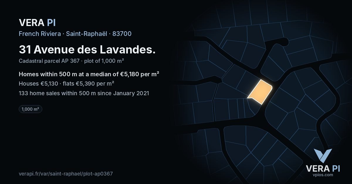 31 Avenue des Lavandes, Saint-Raphaël at night – the plot lit, the parcels around coloured by the prices near them