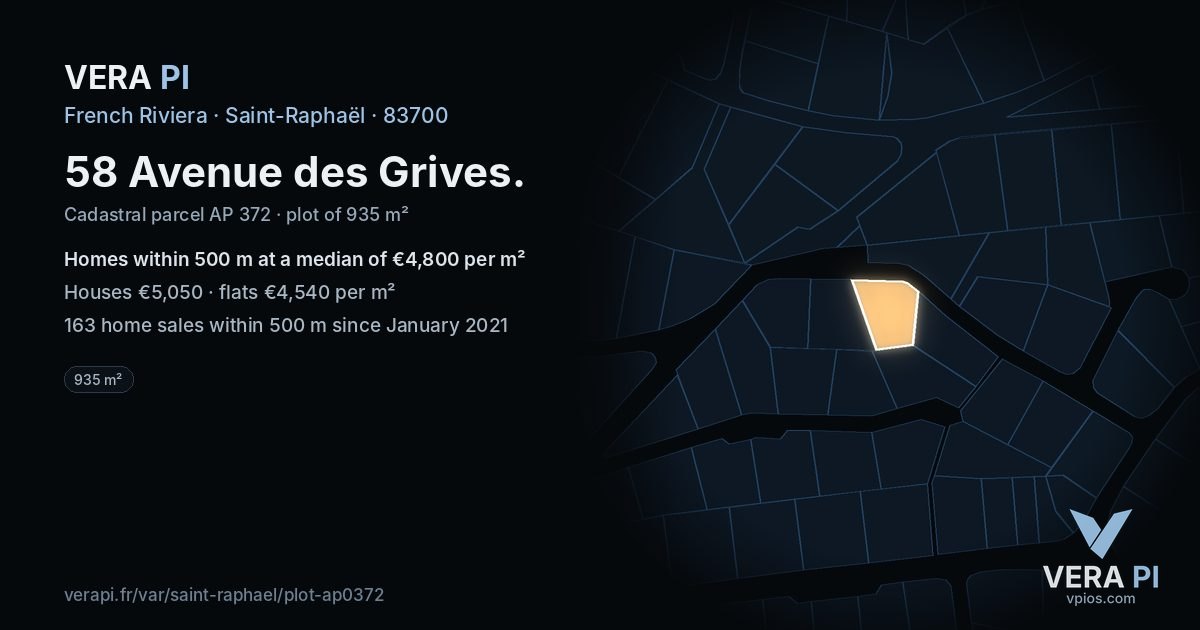58 Avenue des Grives, Saint-Raphaël at night – the plot lit, the parcels around coloured by the prices near them