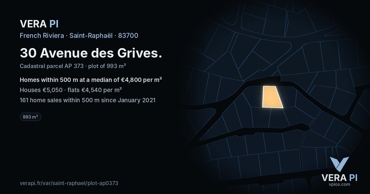 30 Avenue des Grives, Saint-Raphaël at night – the plot lit, the parcels around coloured by the prices near them