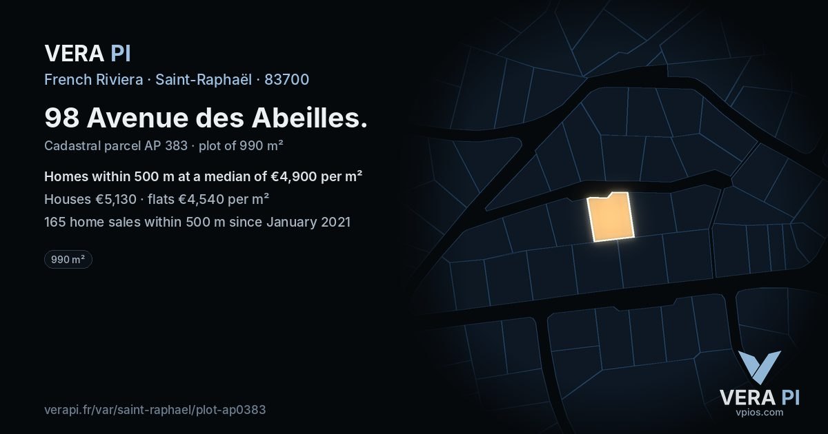 98 Avenue des Abeilles, Saint-Raphaël at night – the plot lit, the parcels around coloured by the prices near them