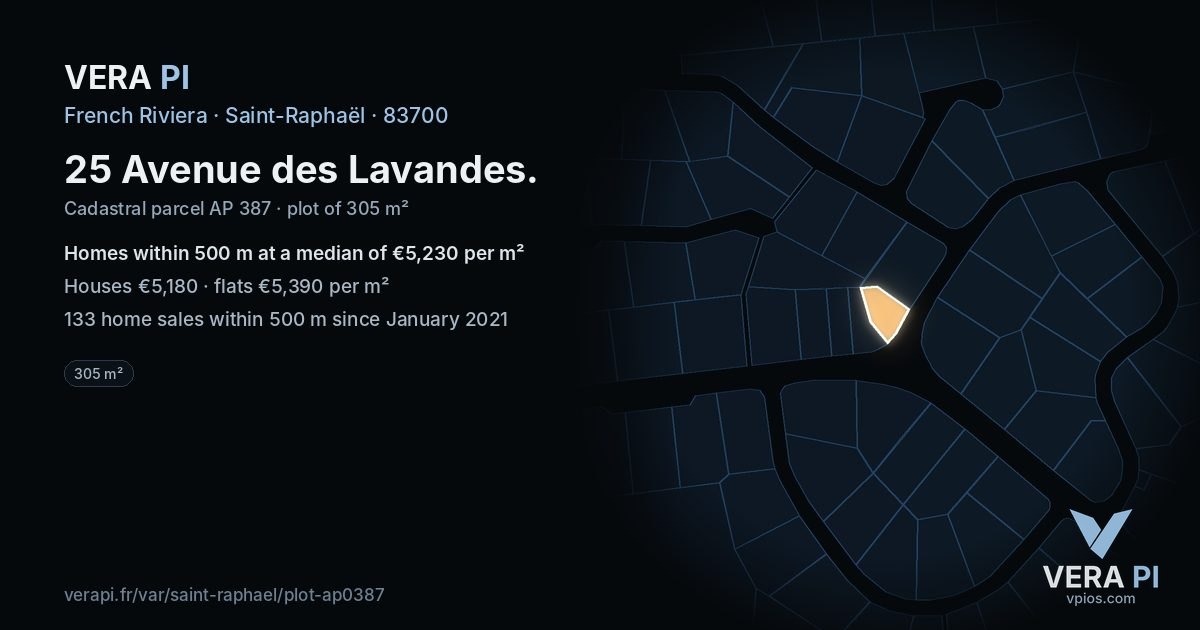 25 Avenue des Lavandes, Saint-Raphaël at night – the plot lit, the parcels around coloured by the prices near them