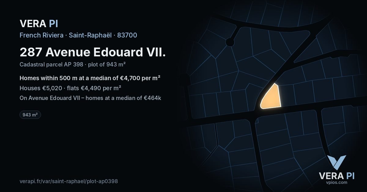 287 Avenue Edouard VII, Saint-Raphaël at night – the plot lit, the parcels around coloured by the prices near them