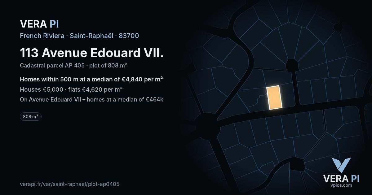 113 Avenue Edouard VII, Saint-Raphaël at night – the plot lit, the parcels around coloured by the prices near them
