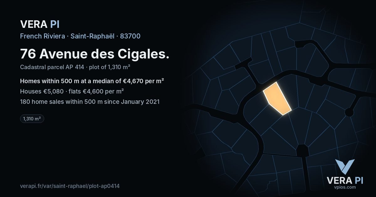 76 Avenue des Cigales, Saint-Raphaël at night – the plot lit, the parcels around coloured by the prices near them