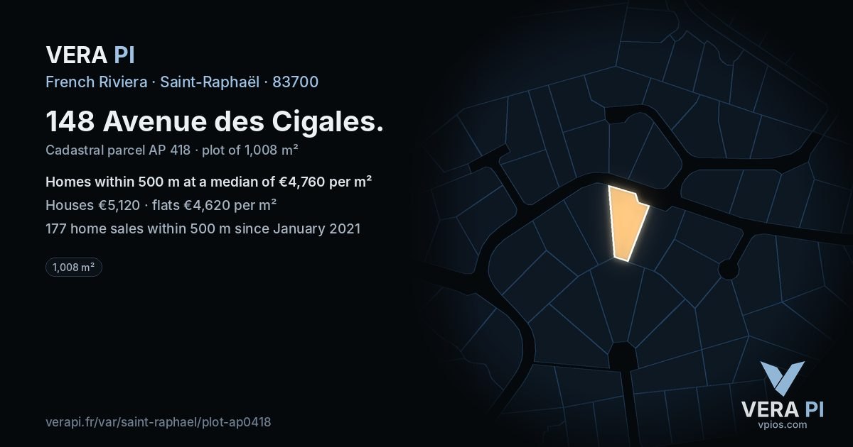 148 Avenue des Cigales, Saint-Raphaël at night – the plot lit, the parcels around coloured by the prices near them