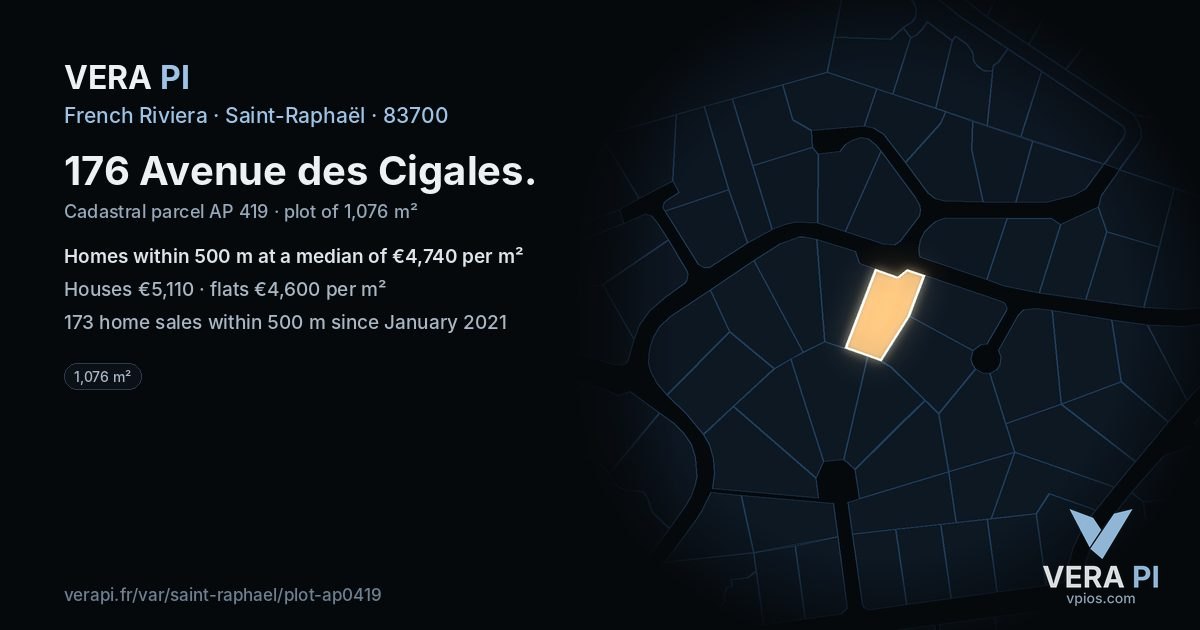 176 Avenue des Cigales, Saint-Raphaël at night – the plot lit, the parcels around coloured by the prices near them