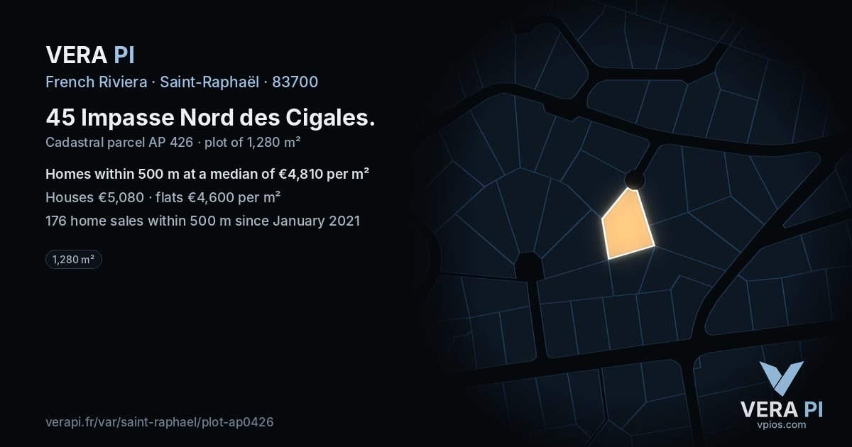 45 Impasse Nord des Cigales, Saint-Raphaël at night – the plot lit, the parcels around coloured by the prices near them