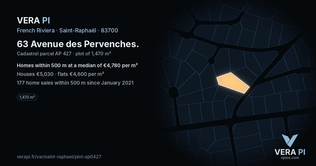 63 Avenue des Pervenches, Saint-Raphaël at night – the plot lit, the parcels around coloured by the prices near them