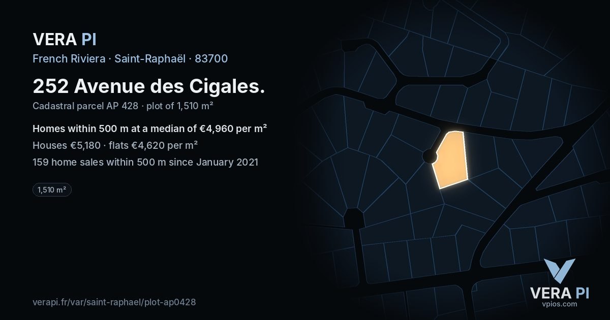 252 Avenue des Cigales, Saint-Raphaël at night – the plot lit, the parcels around coloured by the prices near them