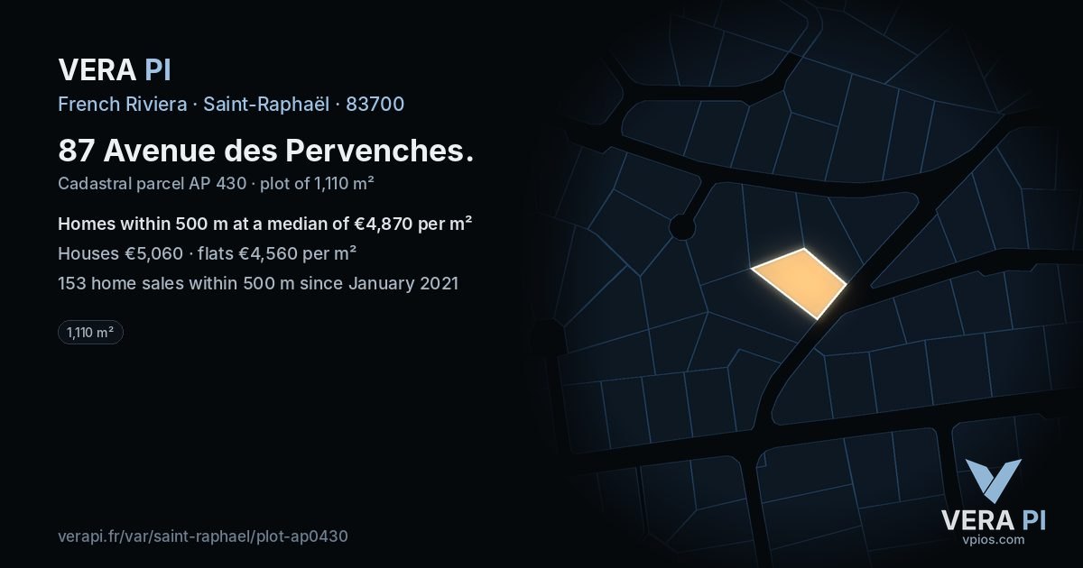 87 Avenue des Pervenches, Saint-Raphaël at night – the plot lit, the parcels around coloured by the prices near them