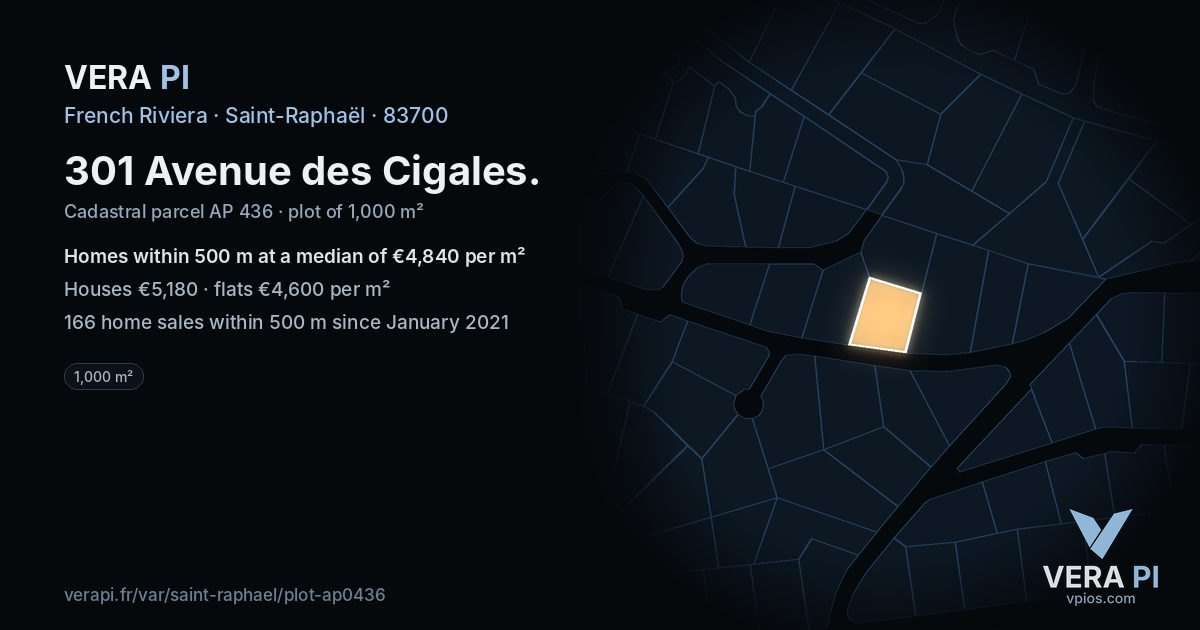 301 Avenue des Cigales, Saint-Raphaël at night – the plot lit, the parcels around coloured by the prices near them