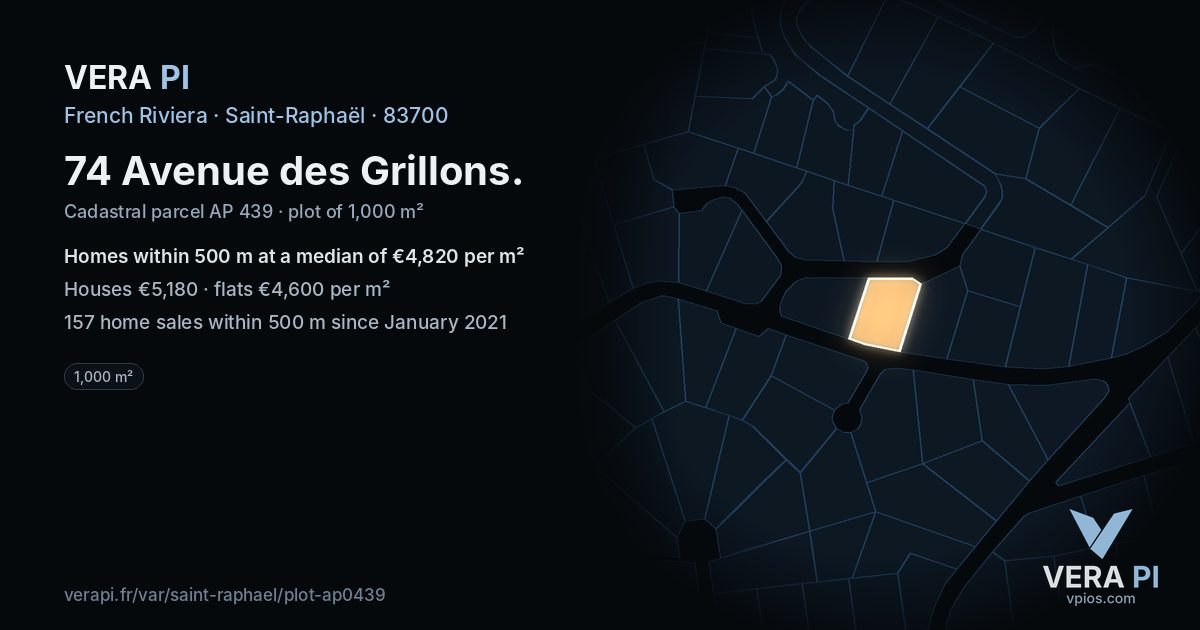 74 Avenue des Grillons, Saint-Raphaël at night – the plot lit, the parcels around coloured by the prices near them