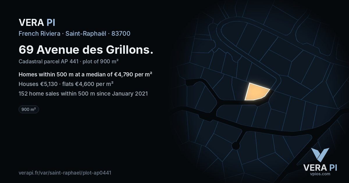 69 Avenue des Grillons, Saint-Raphaël at night – the plot lit, the parcels around coloured by the prices near them